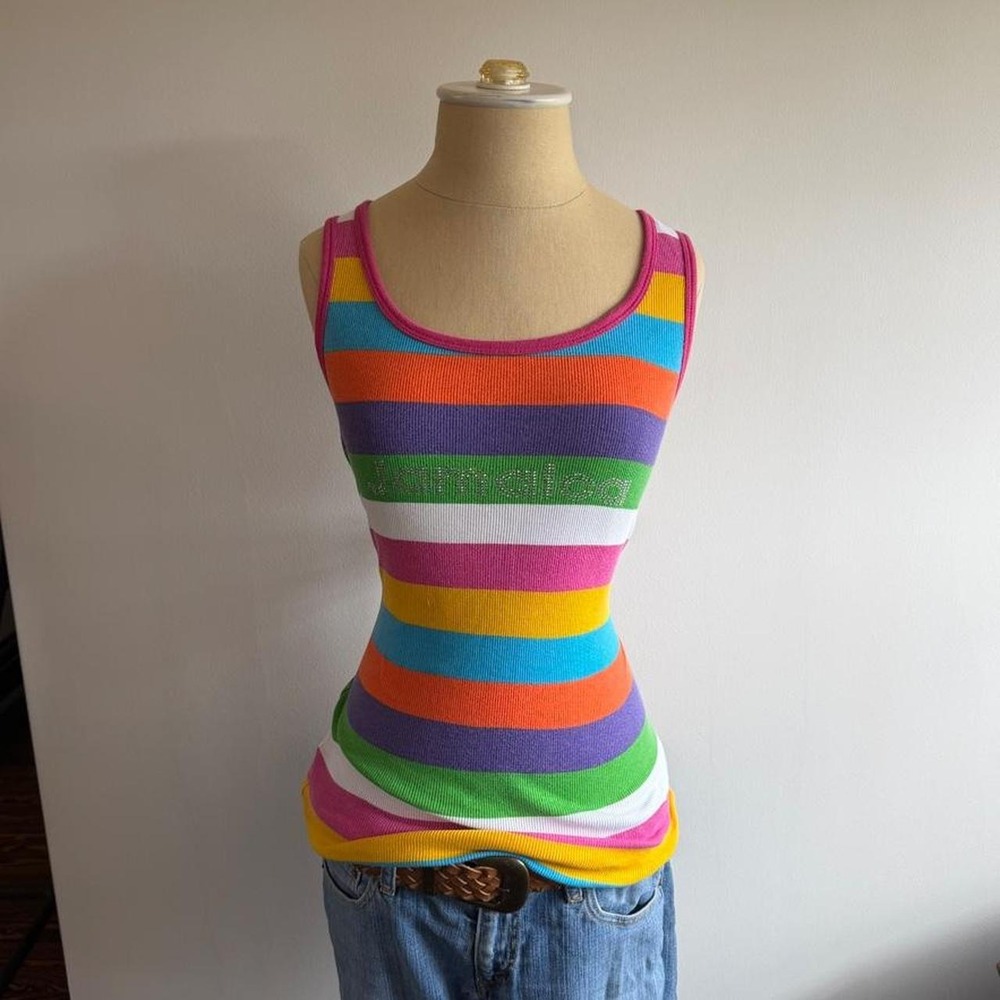 Vintage Ocean Breeze Jamaica Rhinestone Rainbow Striped Tank Top L Y2K Beachy